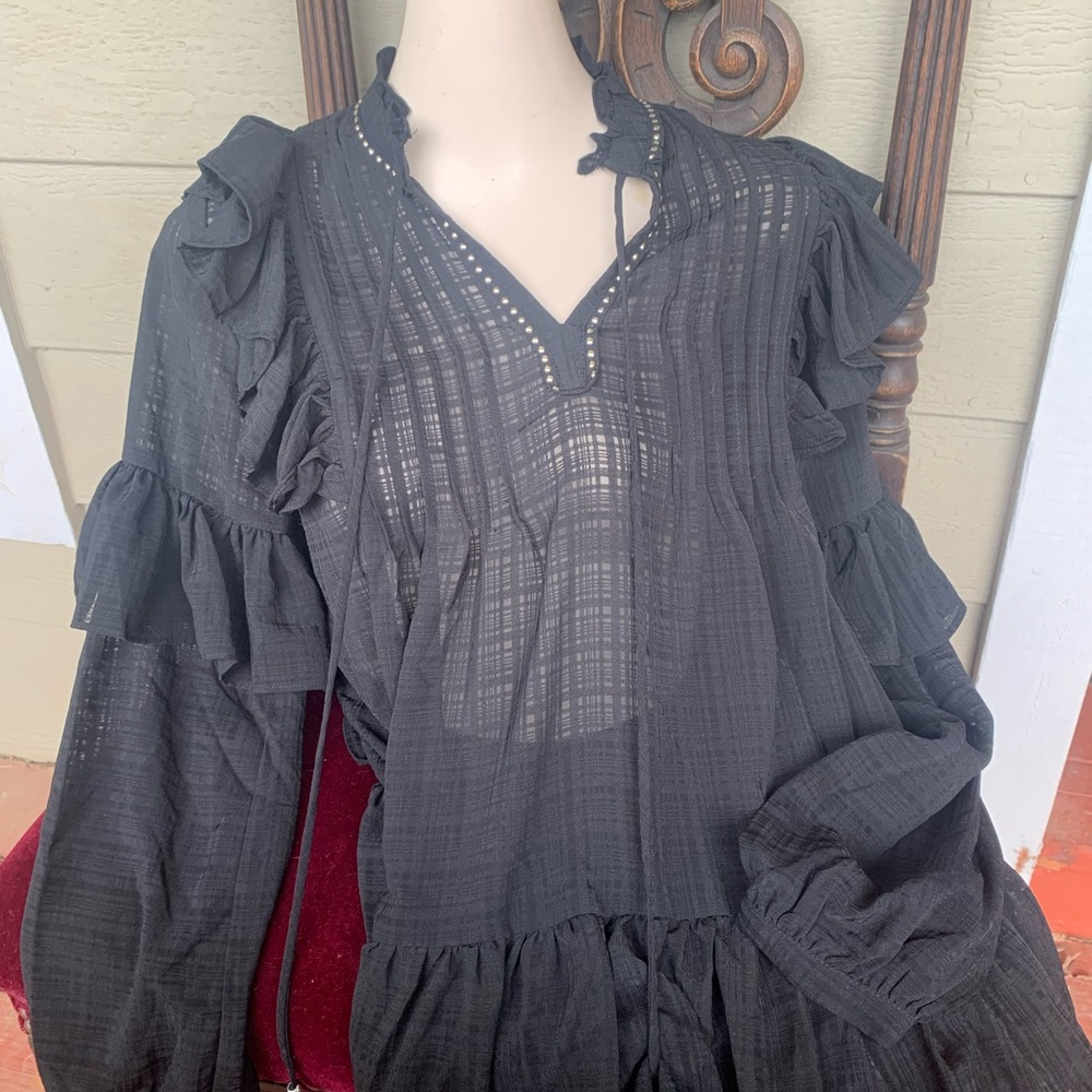 Free Generation ruffle front pirate black chiffon style sheer blouse top - Picture 10 of 15